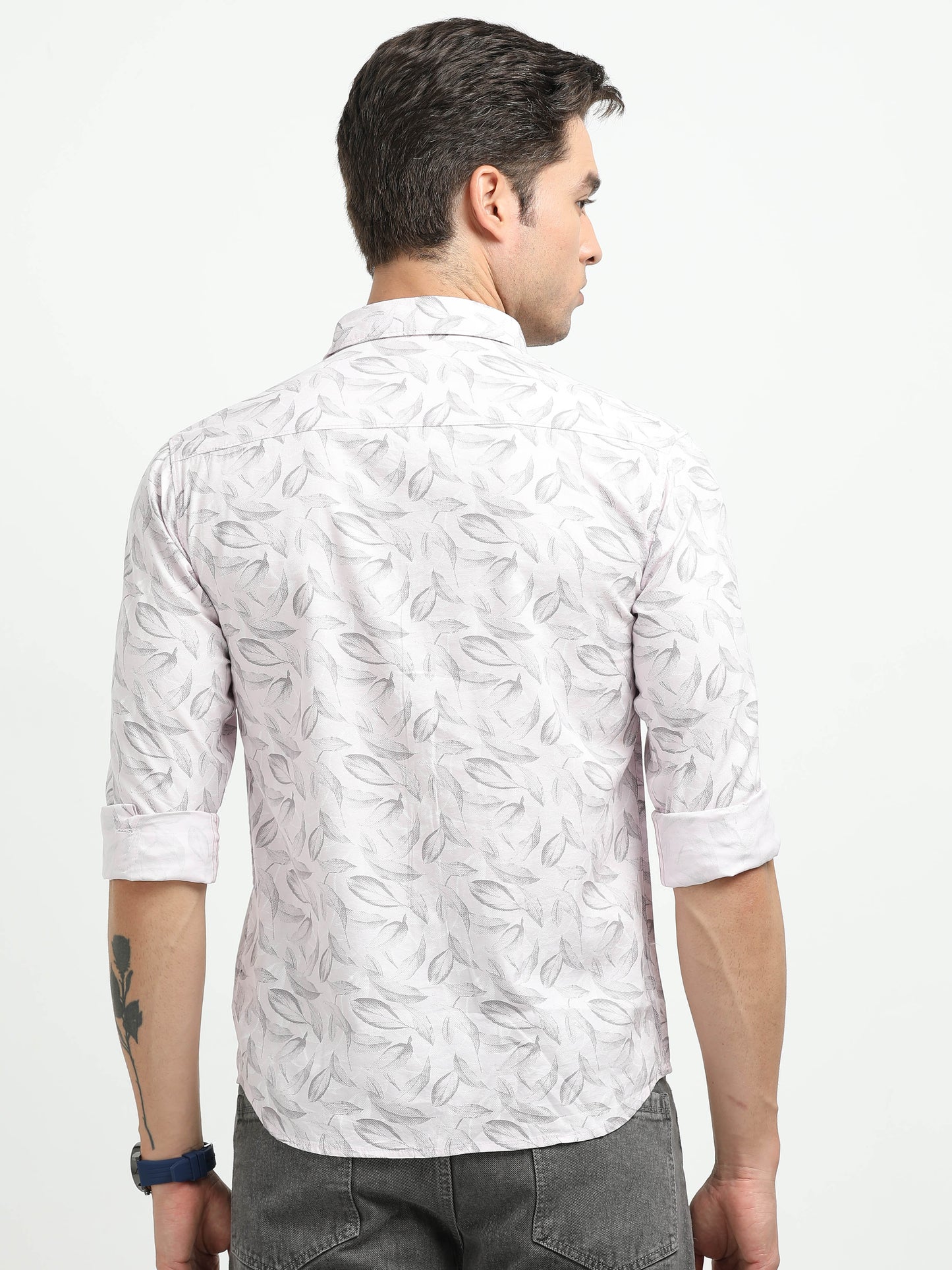 Men’s Light Pink Leaf Print Cotton Shirt
