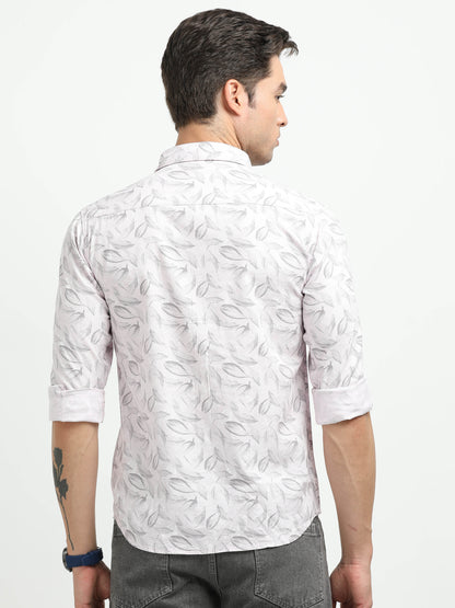 Men’s Light Pink Leaf Print Cotton Shirt
