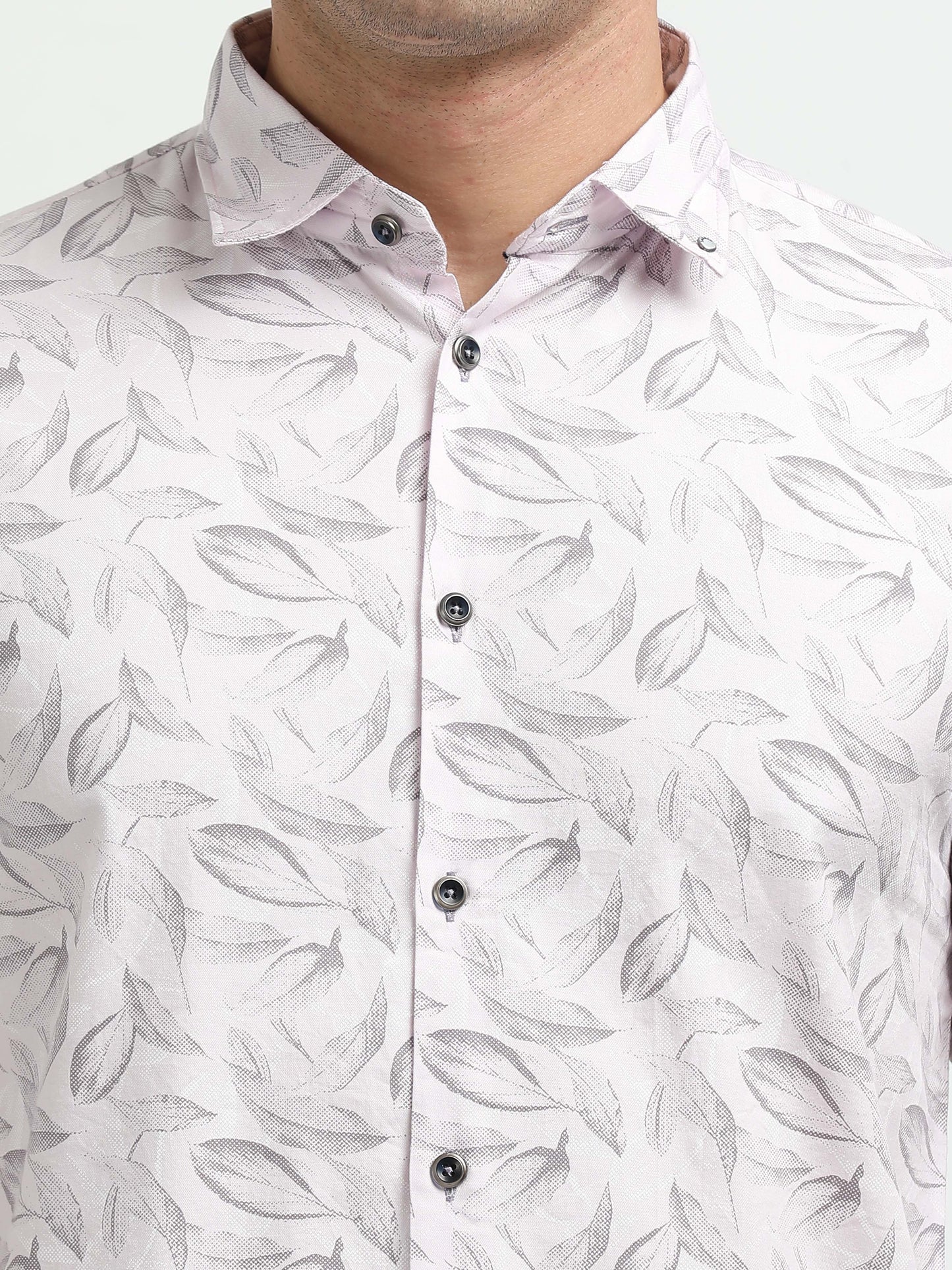 Men’s Light Pink Leaf Print Cotton Shirt