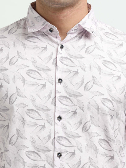 Men’s Light Pink Leaf Print Cotton Shirt