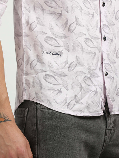 Men’s Light Pink Leaf Print Cotton Shirt