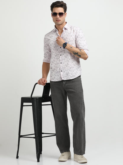 Men’s Light Pink Leaf Print Cotton Shirt