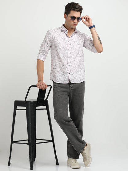 Men’s Light Pink Leaf Print Cotton Shirt