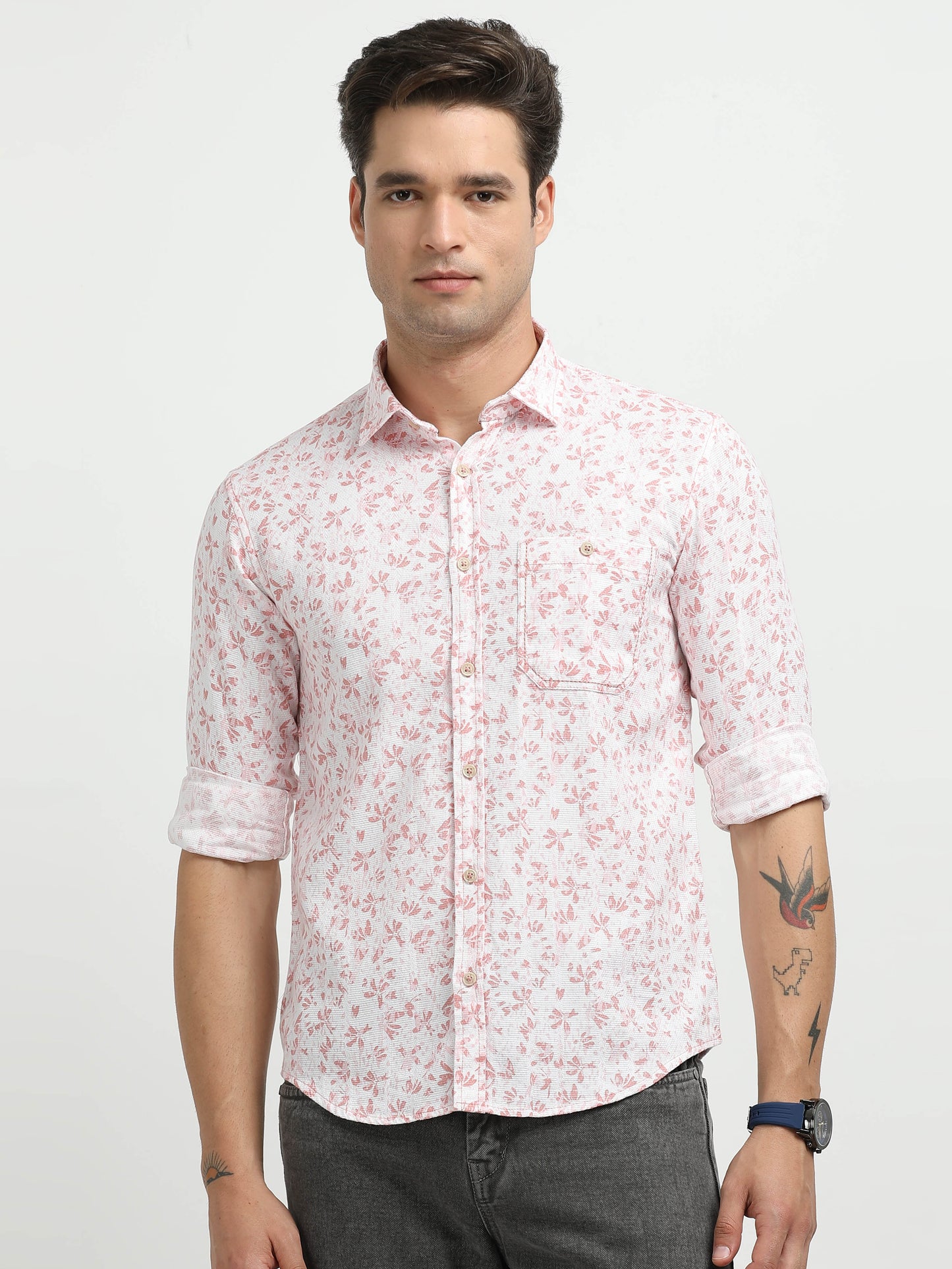 Men’s White & Pink Floral Print Cotton Shirt