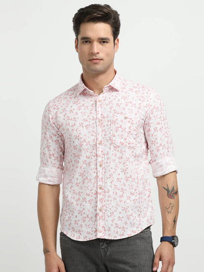 Men’s White & Pink Floral Print Cotton Shirt