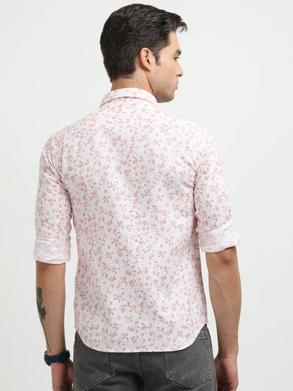Men’s White & Pink Floral Print Cotton Shirt