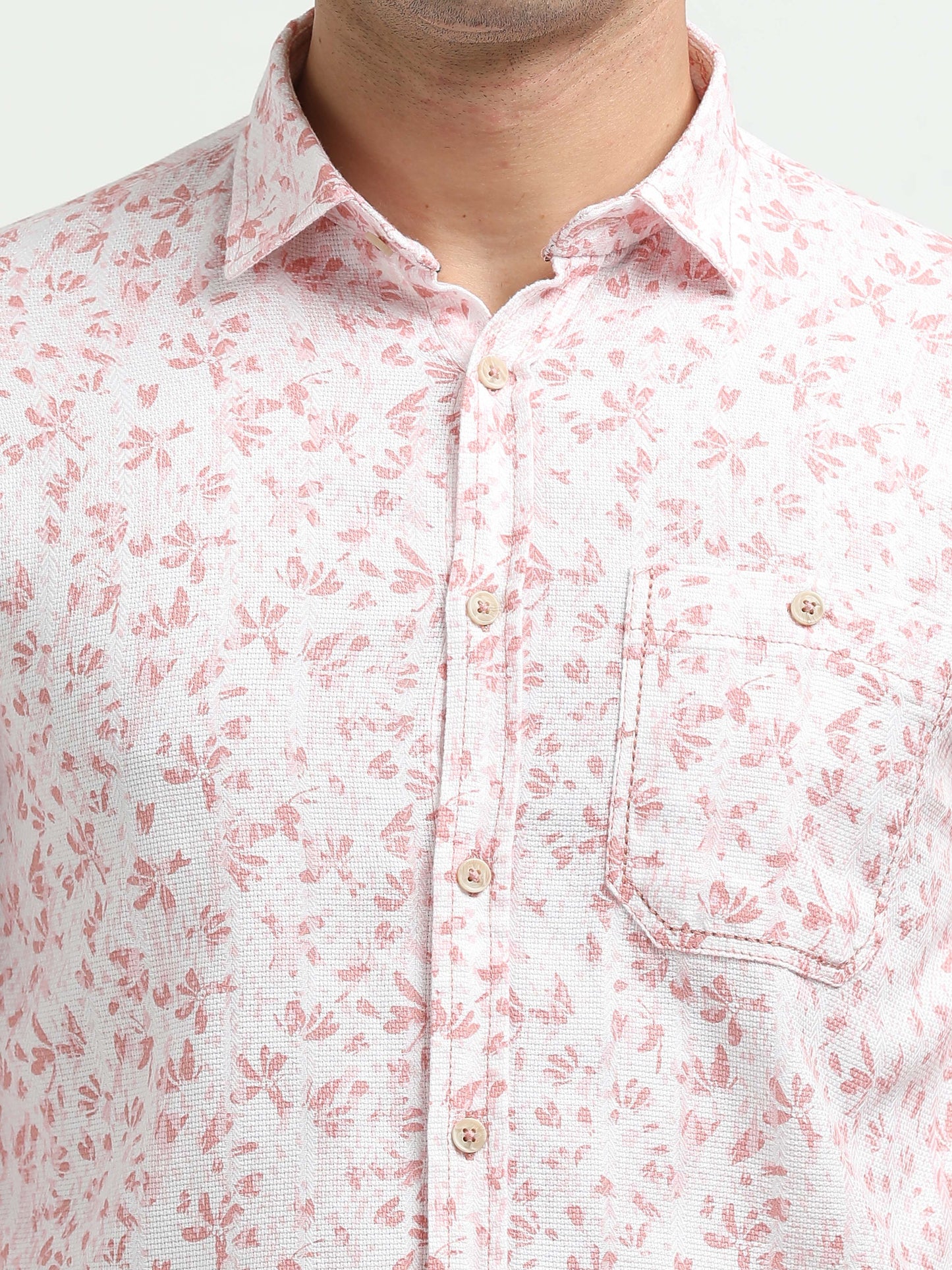 Men’s White & Pink Floral Print Cotton Shirt
