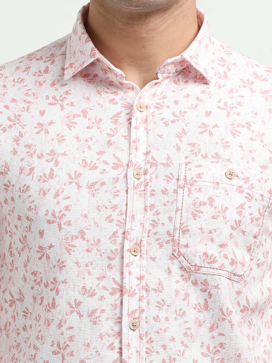 Men’s White & Pink Floral Print Cotton Shirt