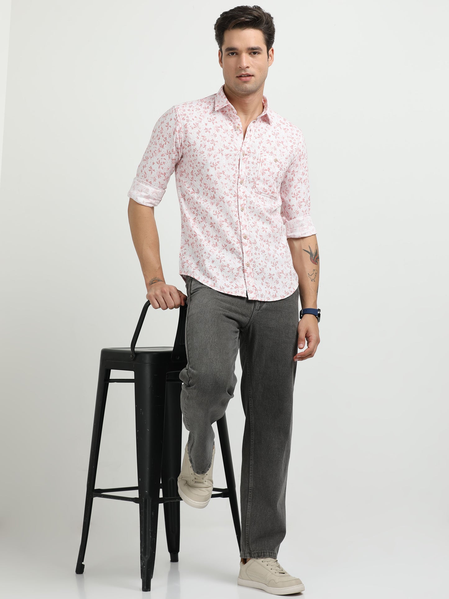 Men’s White & Pink Floral Print Cotton Shirt