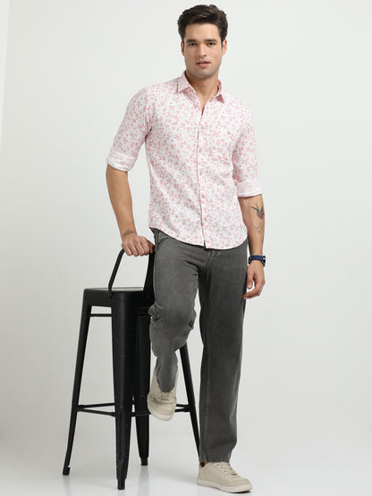 Men’s White & Pink Floral Print Cotton Shirt