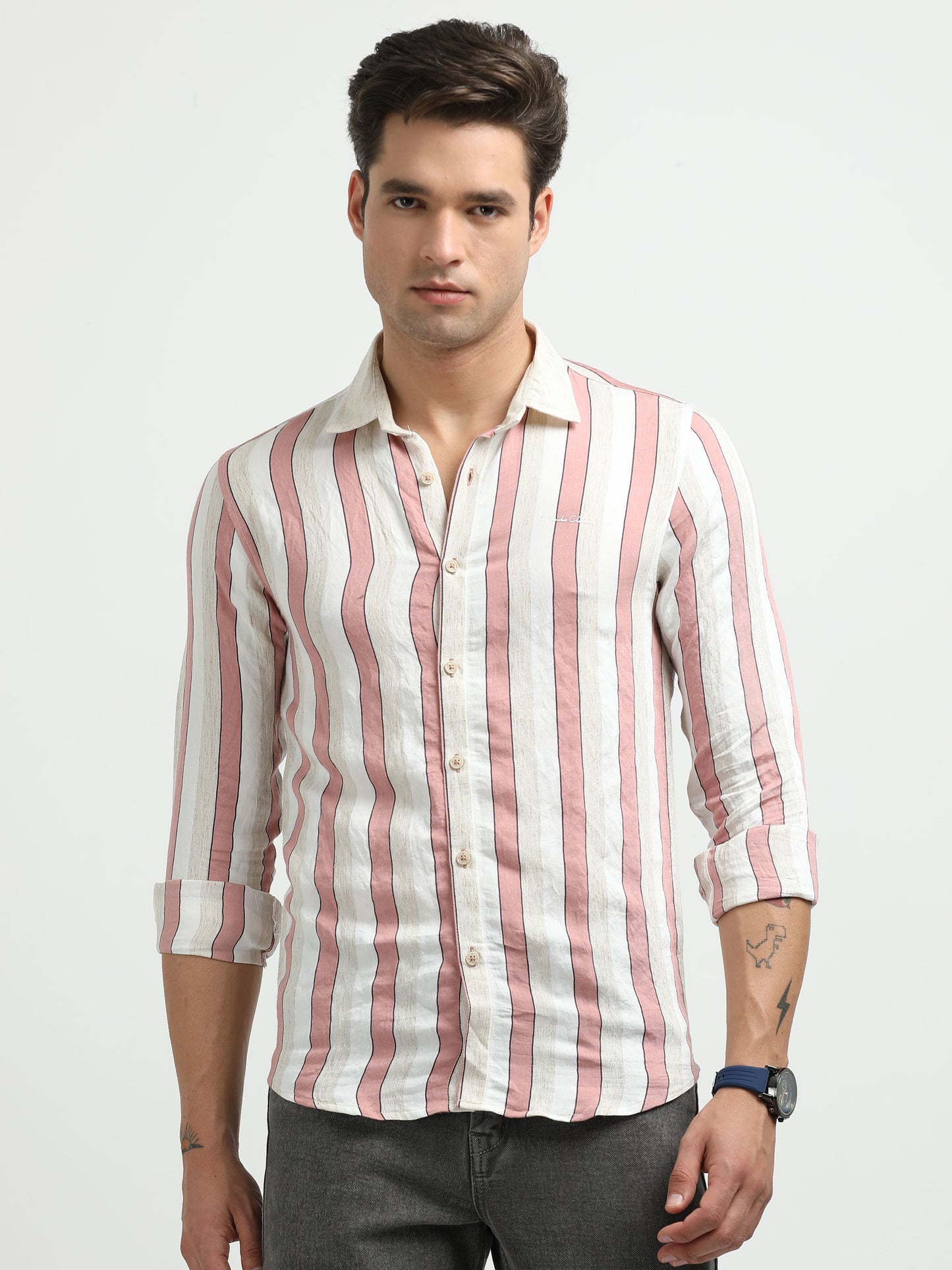 Men’s Pink & White Striped Linen Cotton Shirt