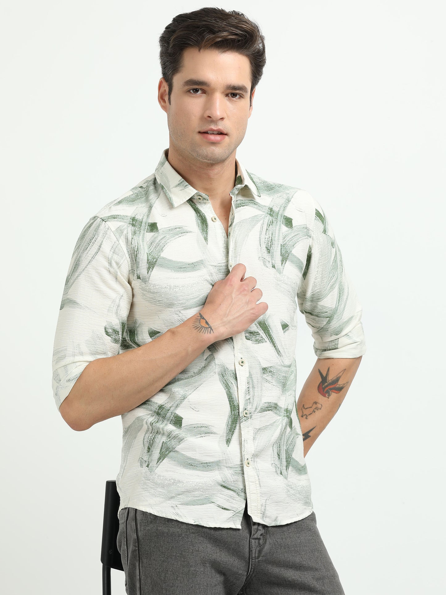 Men’s White & Green Brushstroke Print Cotton Shirt