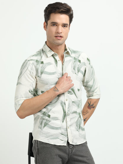 Men’s White & Green Brushstroke Print Cotton Shirt