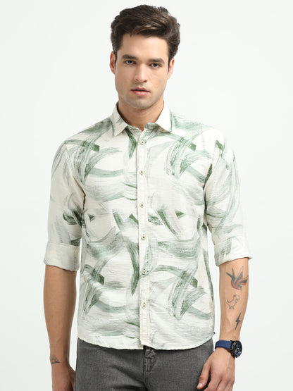 Men’s White & Green Brushstroke Print Cotton Shirt