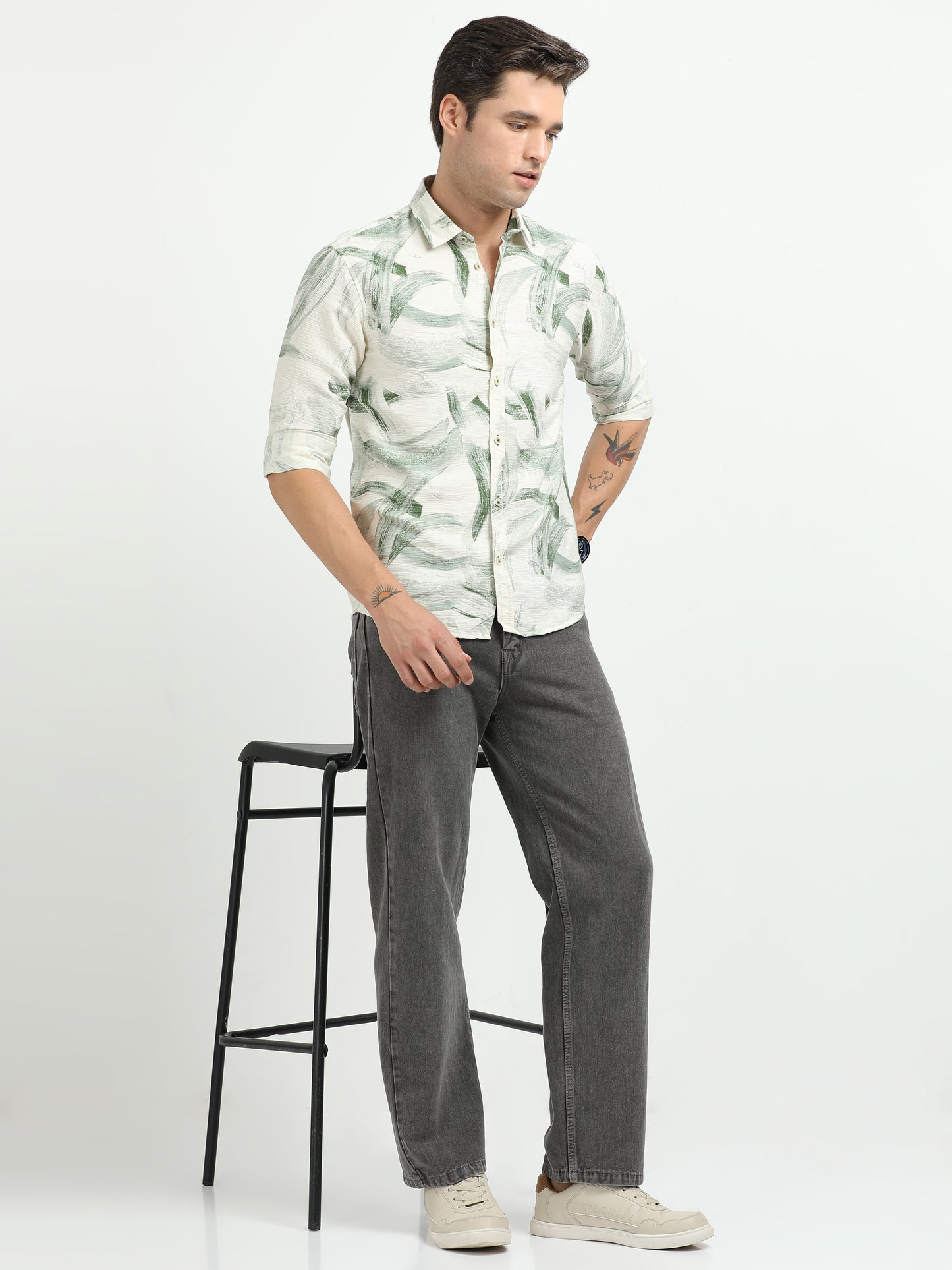 Men’s White & Green Brushstroke Print Cotton Shirt