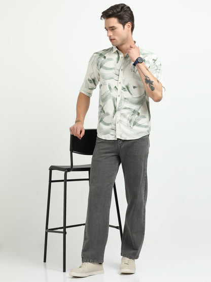 Men’s White & Green Brushstroke Print Cotton Shirt