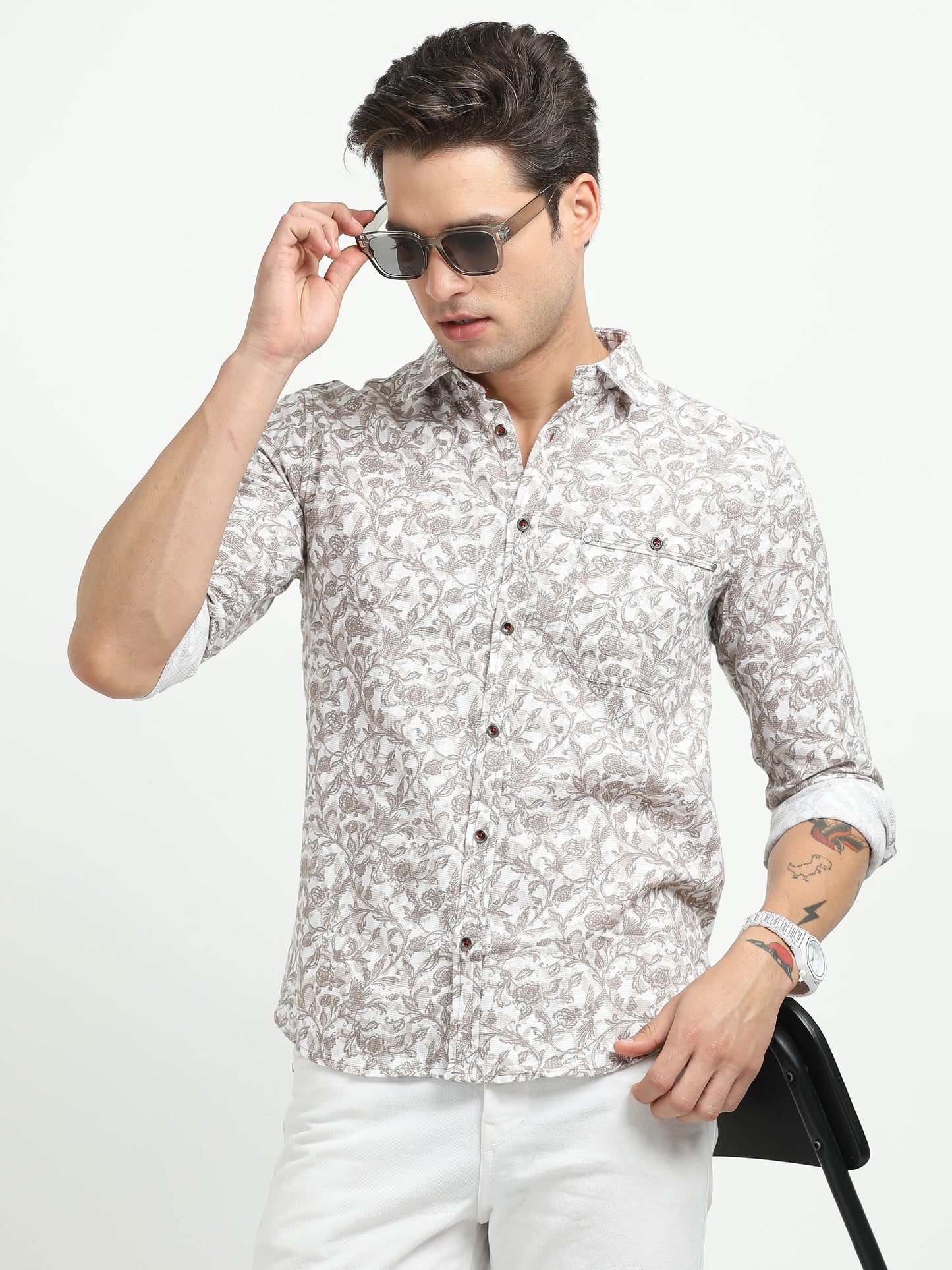 Men’s White & Taupe Floral Print Cotton Shirt