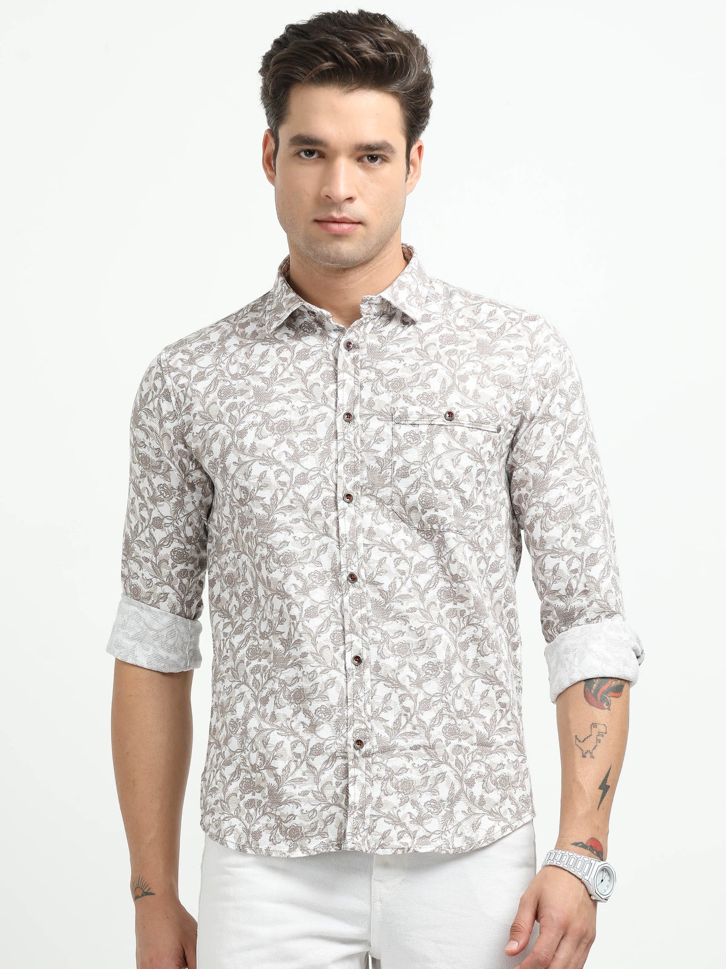 Men’s White & Taupe Floral Print Cotton Shirt