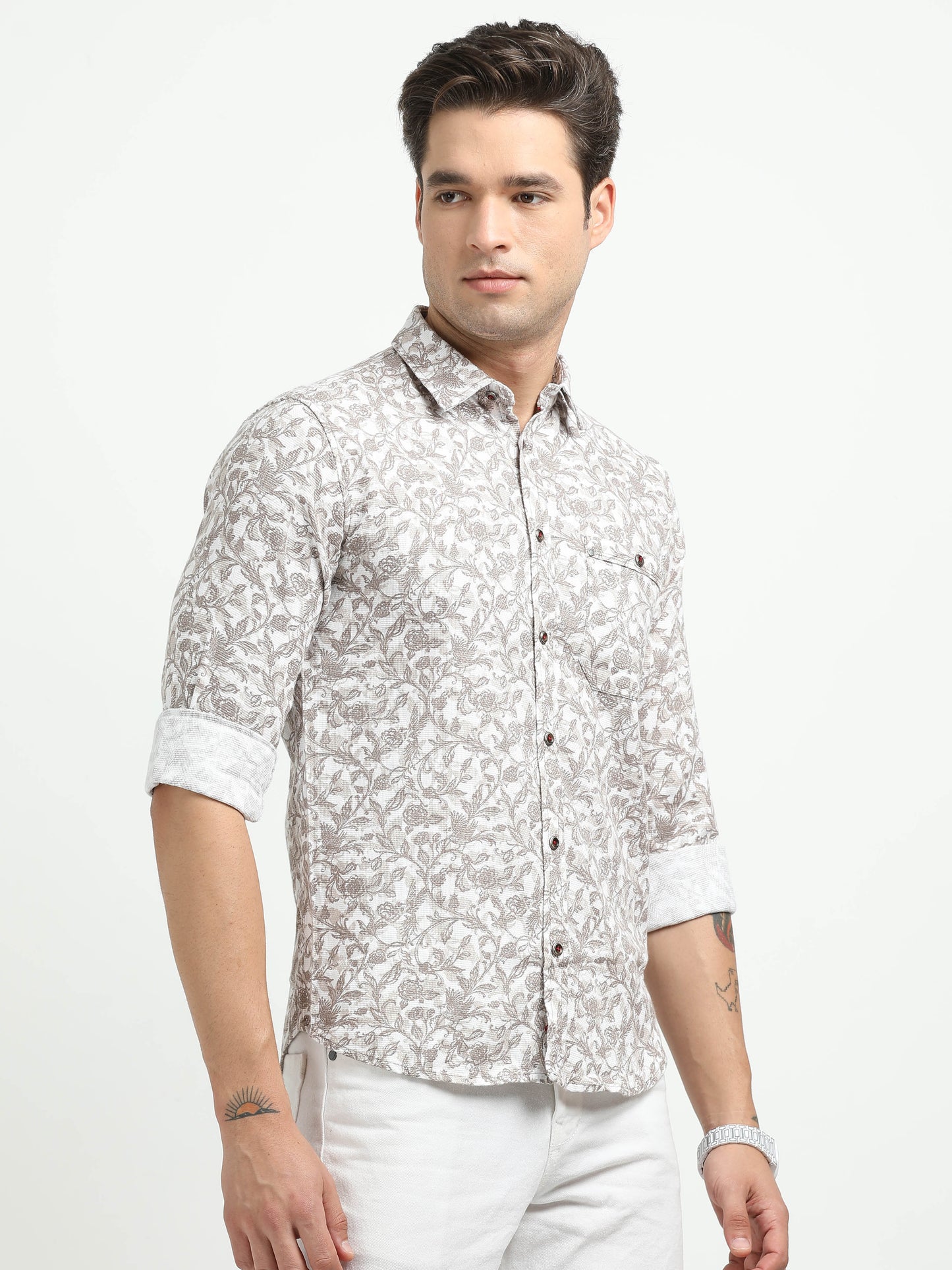Men’s White & Taupe Floral Print Cotton Shirt