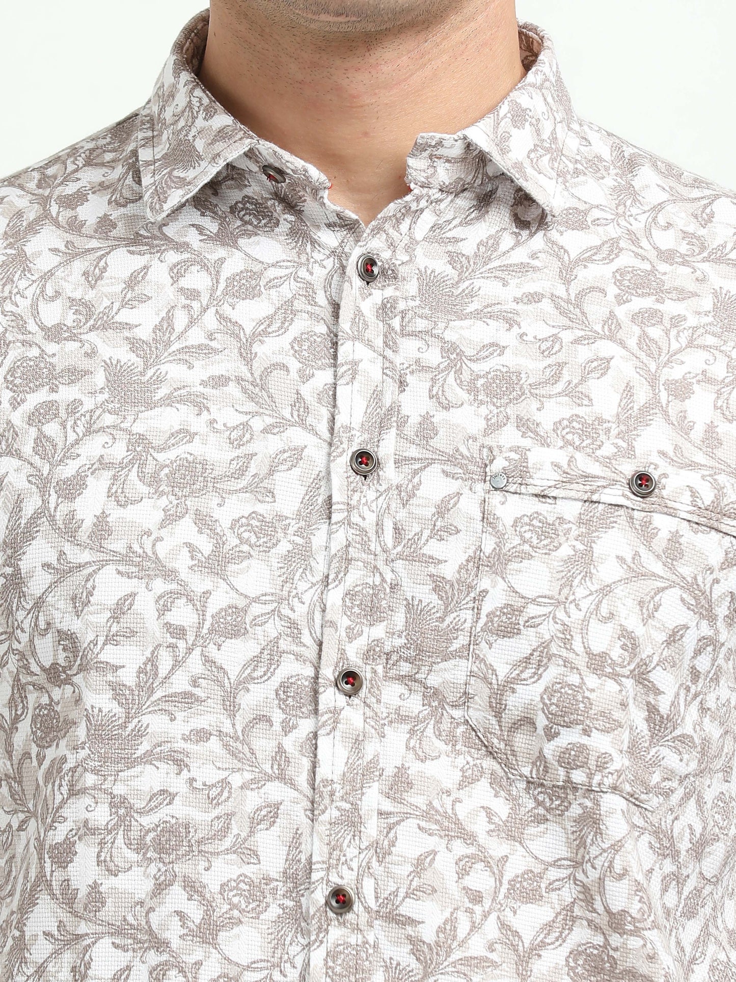 Men’s White & Taupe Floral Print Cotton Shirt