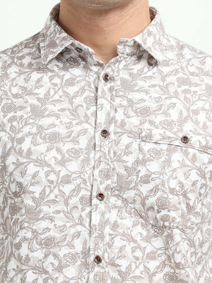Men’s White & Taupe Floral Print Cotton Shirt