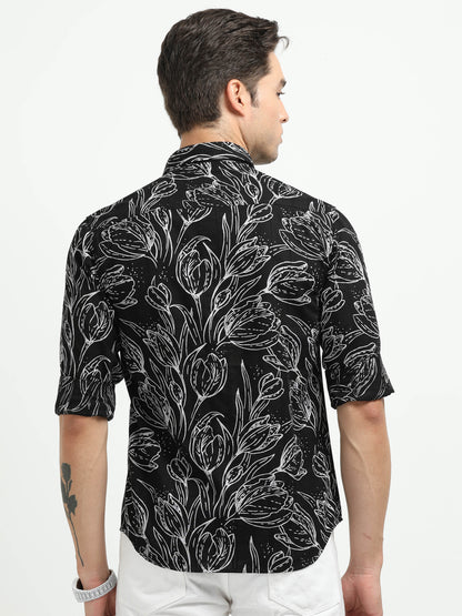 Men’s Black & White Floral Print Cotton Shirt