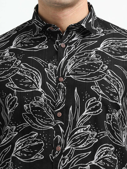 Men’s Black & White Floral Print Cotton Shirt