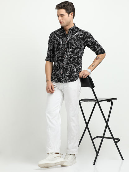 Men’s Black & White Floral Print Cotton Shirt