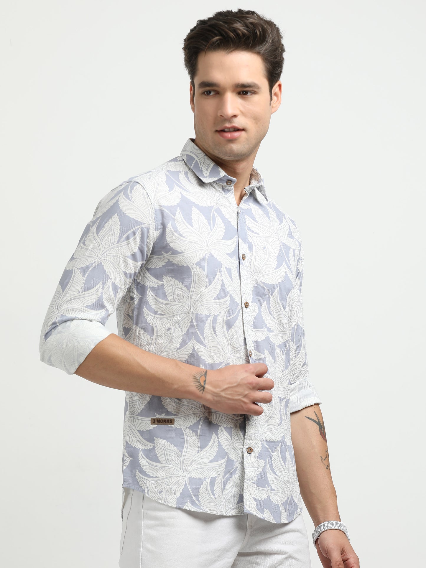 Men’s Light Blue & White Leaf Print Cotton Linen Shirt