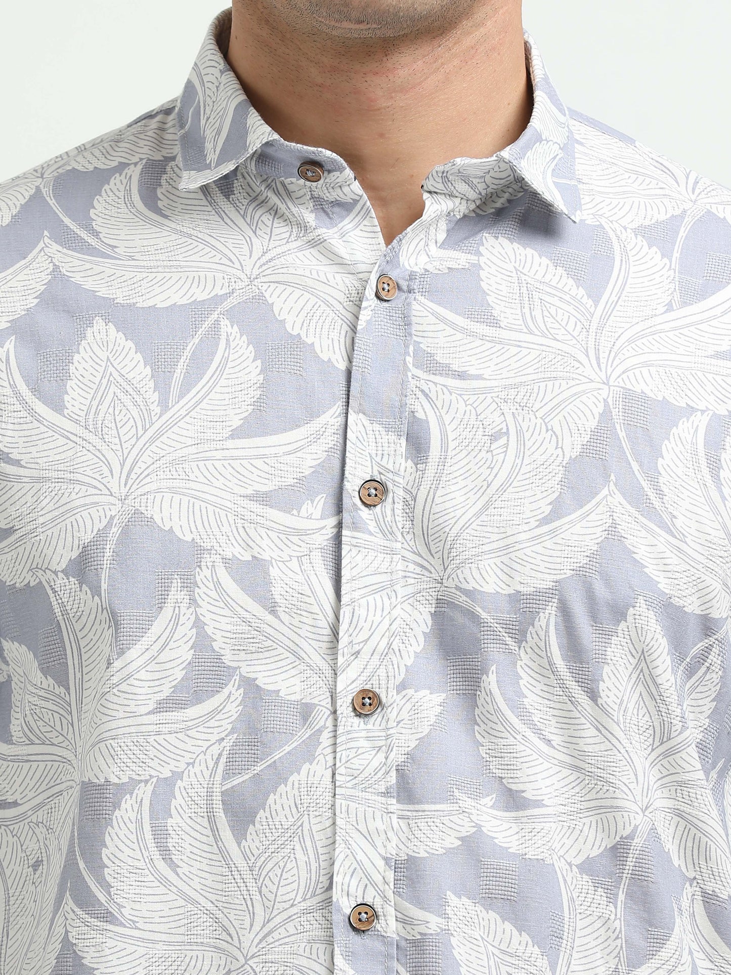 Men’s Light Blue & White Leaf Print Cotton Linen Shirt