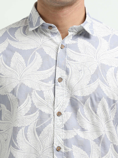 Men’s Light Blue & White Leaf Print Cotton Linen Shirt