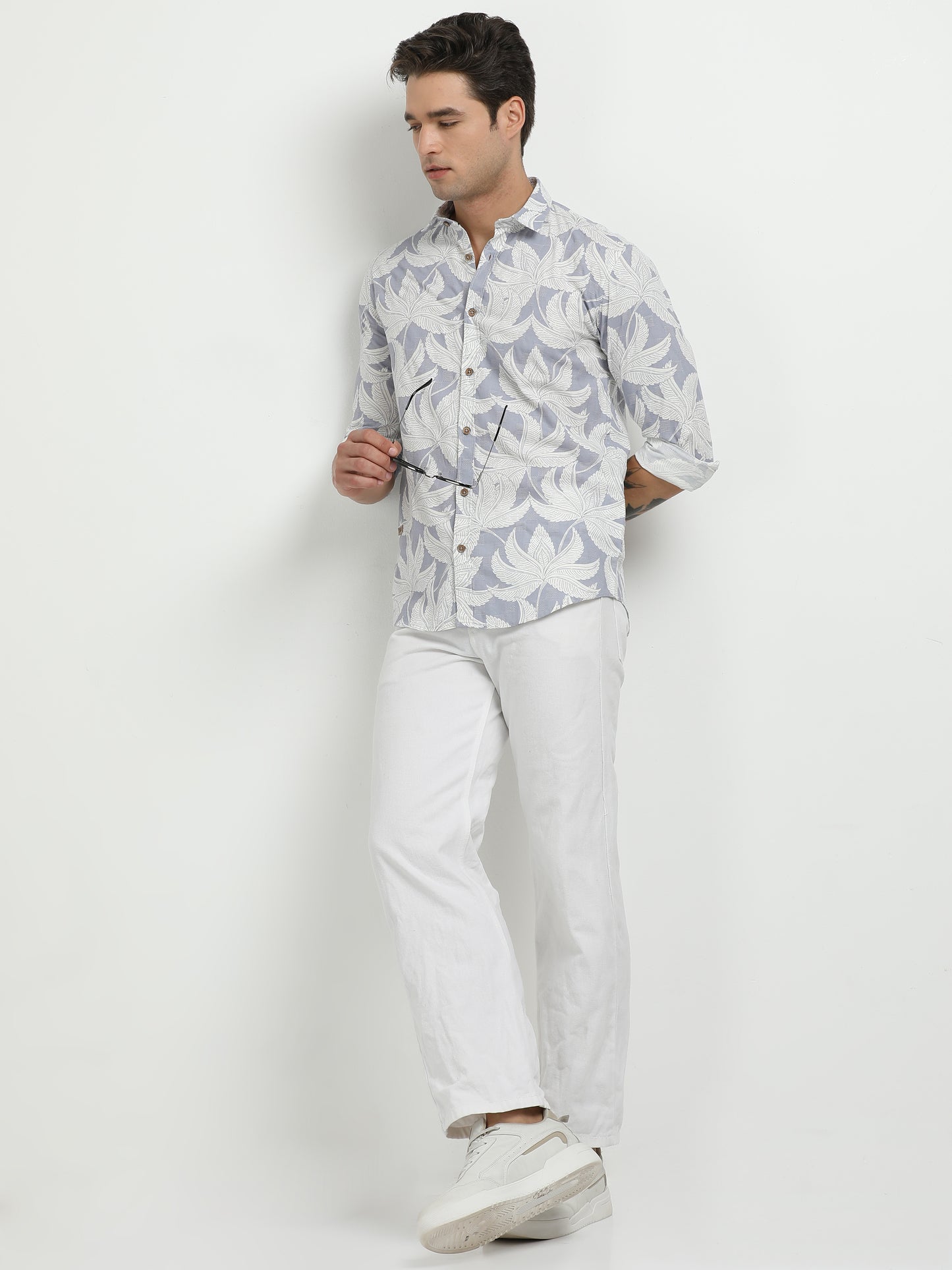 Men’s Light Blue & White Leaf Print Cotton Linen Shirt