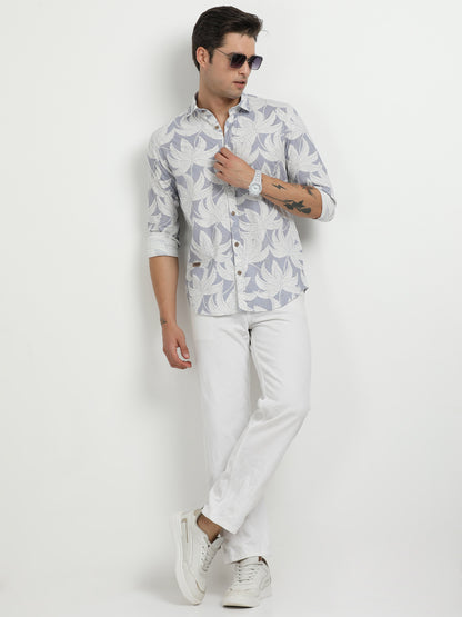 Men’s Light Blue & White Leaf Print Cotton Linen Shirt