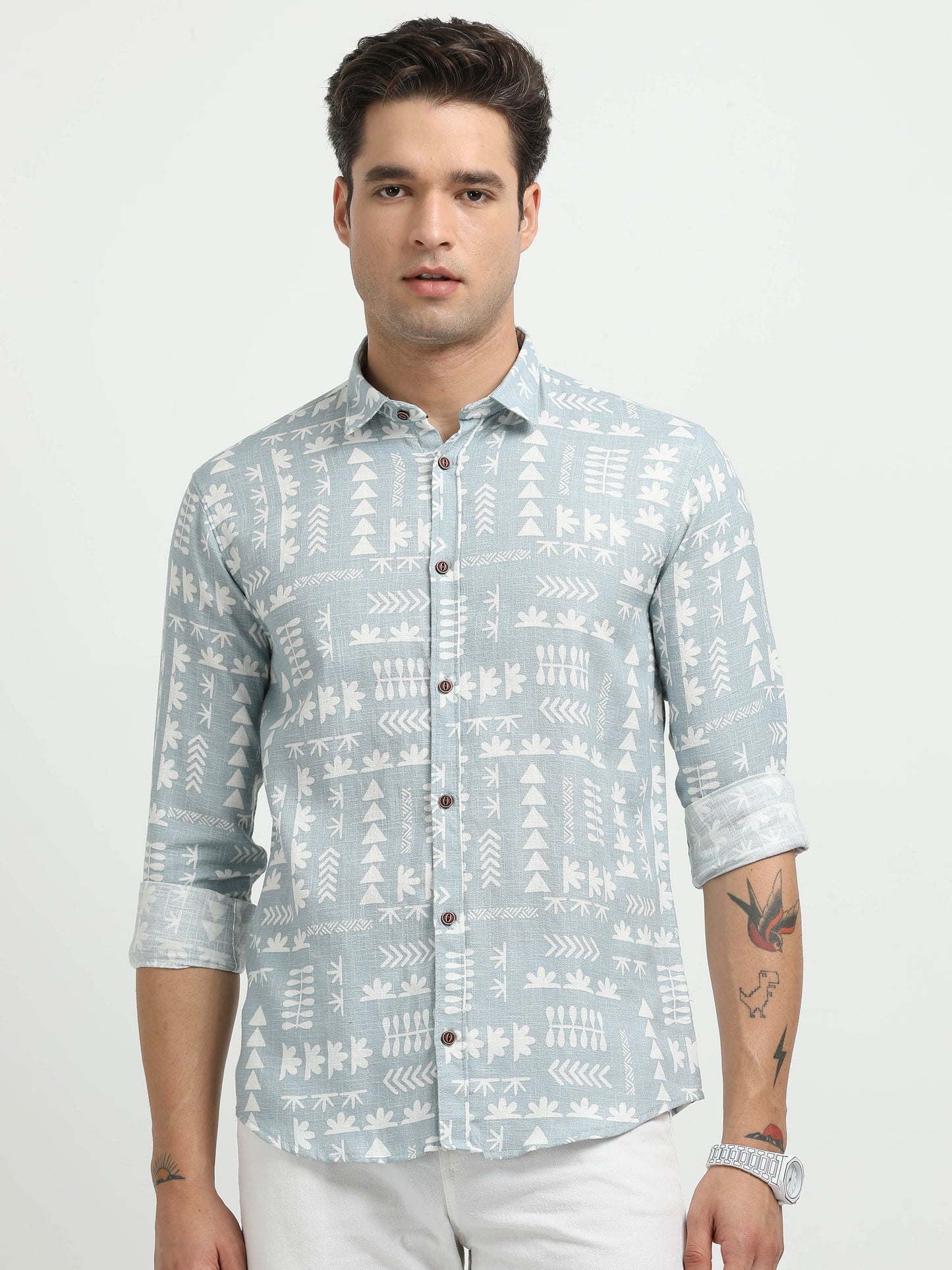Men’s Sky Blue Tribal Print Cotton Linen Shirt