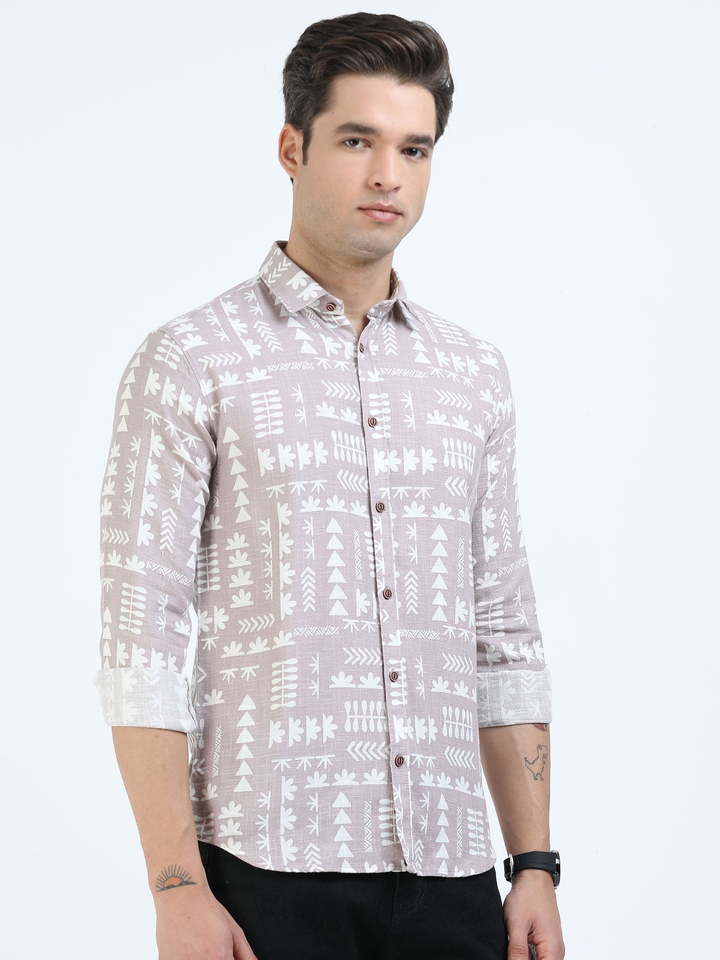 Men’s Beige Tribal Print Cotton Linen Shirt