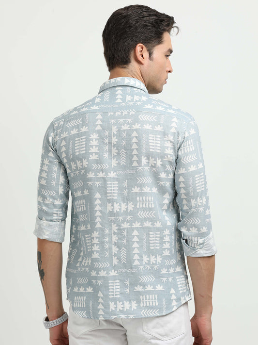 Men’s Sky Blue Tribal Print Cotton Linen Shirt