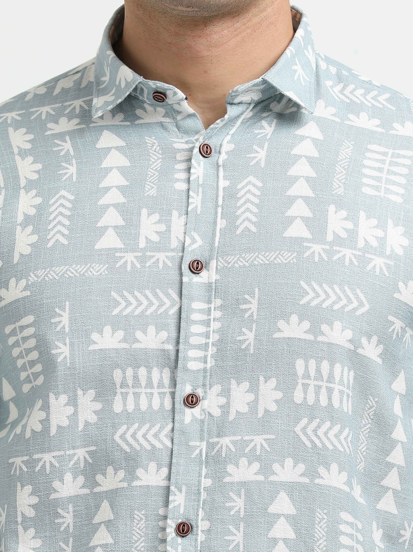 Men’s Sky Blue Tribal Print Cotton Linen Shirt