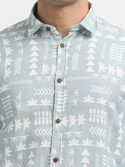 Men’s Sky Blue Tribal Print Cotton Linen Shirt