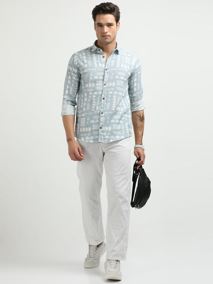 Men’s Sky Blue Tribal Print Cotton Linen Shirt