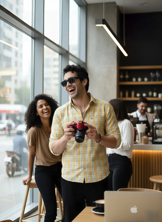 Men’s Yellow & White Multi-Check Cotton Linen Shirt