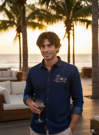 Crafted Embroidery and Urban Indigo Cotton Denim Shirt