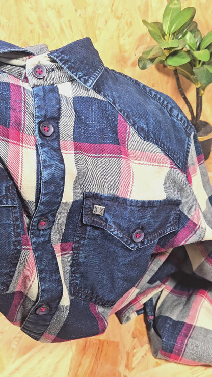 Men’s Indigo Blue Plaid Denim Cotton Utility Shirt with Dual Flap Pockets